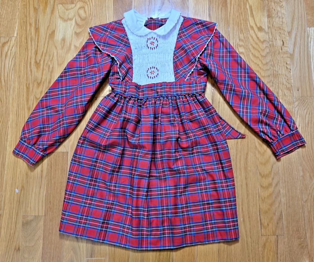 Polly Flinders Vtg Girls 6X Red Plaid Hand Smocked Dress Long Sleeve Christmas